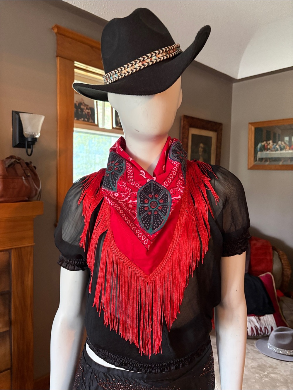 # 110  Red Fringe Bandana Scarf